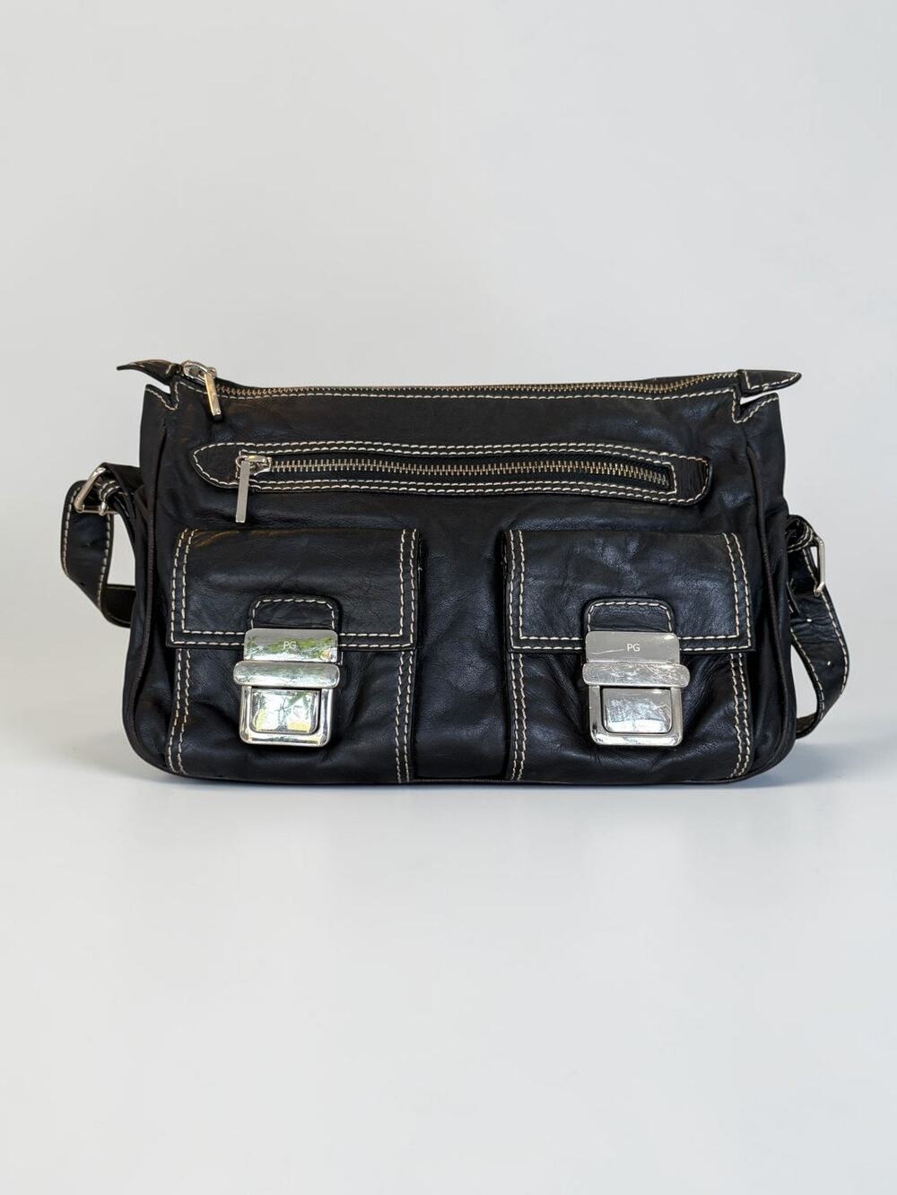 Purificacion Garcia Black Leather Shoulder Bag Silver Hardware Made in Spain